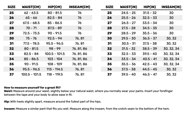 2026 Vans Mens Bottoms  Size Chart